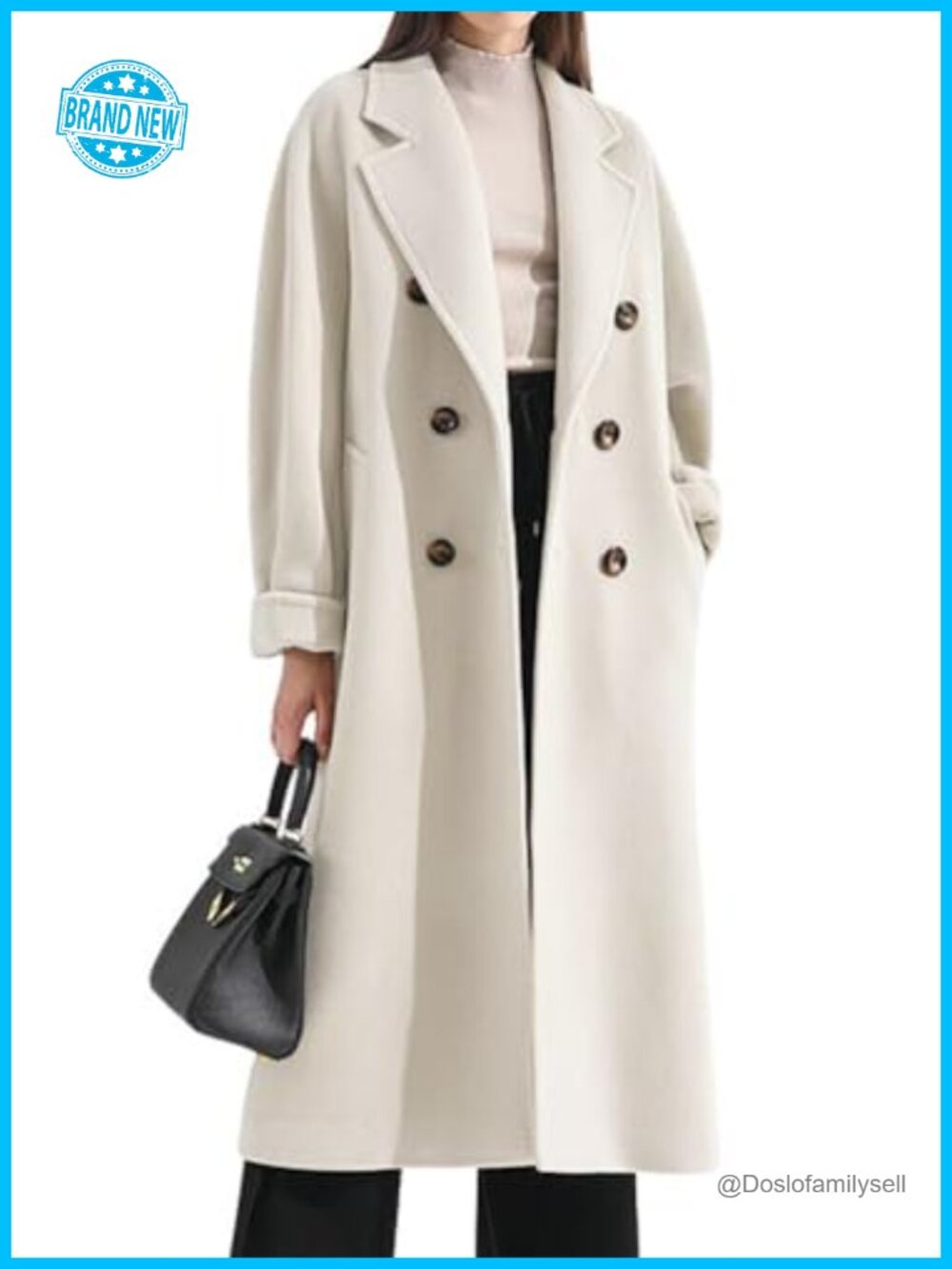 Double Breasted Wool Blend Midi Trench Coat with Belt Notch Lapel